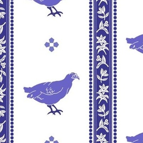 Country French hens in deep periwinkle blue on white background