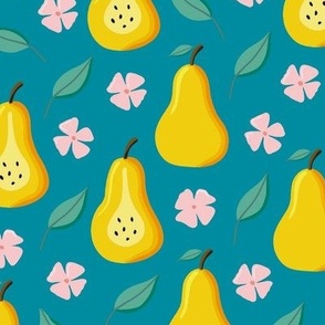 Seamless pear fruit pattern (teal background)