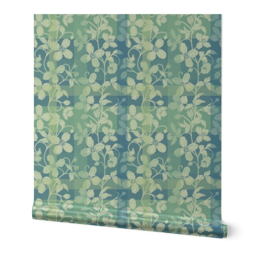 French linen Jacquard clematis blue green - medium