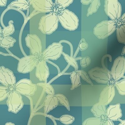 French linen Jacquard clematis blue green - medium