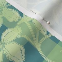 French linen Jacquard clematis blue green - medium