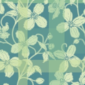 French linen Jacquard clematis blue green - large
