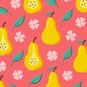 Seamless pear fruit pattern (coral background)