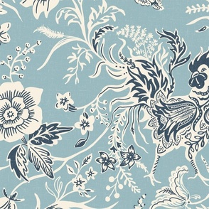 Large French Country rooster floral in soft blue, ivory and dark denim