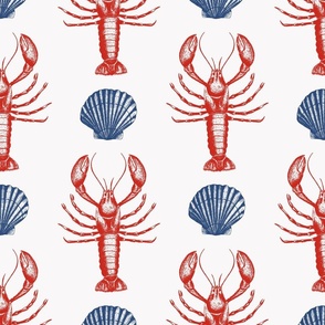 Lobster and sea shells white blue red coastal toile - medium scale