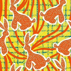 Red decorative speckled hares on a checkered yellow background