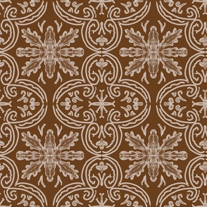 White decorative botanical ornament on a brown background