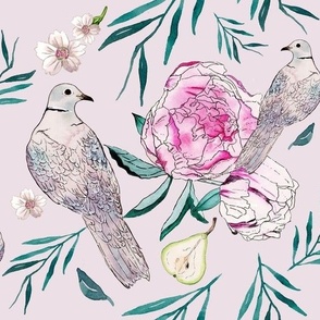 Watercolor Grey Doves, Pink Peonies and Pears on Dove grey (large scale)