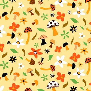 Retro Mushrooms and Flowers Pattern on Peachy Yellow