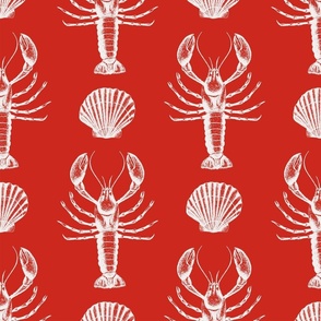 Lobster and sea shells red and white coastal toile - medium scale