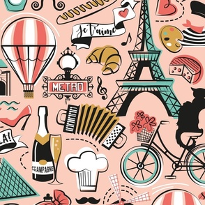 Large jumbo scale // Paris Je T'aime! // blush coral background black and white coral spearmint and yellow mustard France popular travel motifs monuments museums bike café champagne baguette croissant moules metro fashion perfume air balloons 