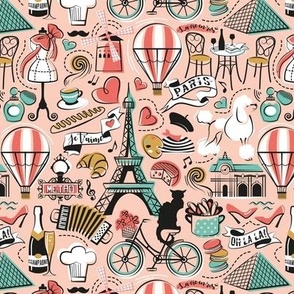 Small scale // Paris Je T'aime! // blush coral background black and white coral spearmint and yellow mustard France popular travel motifs monuments museums bike café champagne baguette croissant moules metro fashion perfume air balloons 