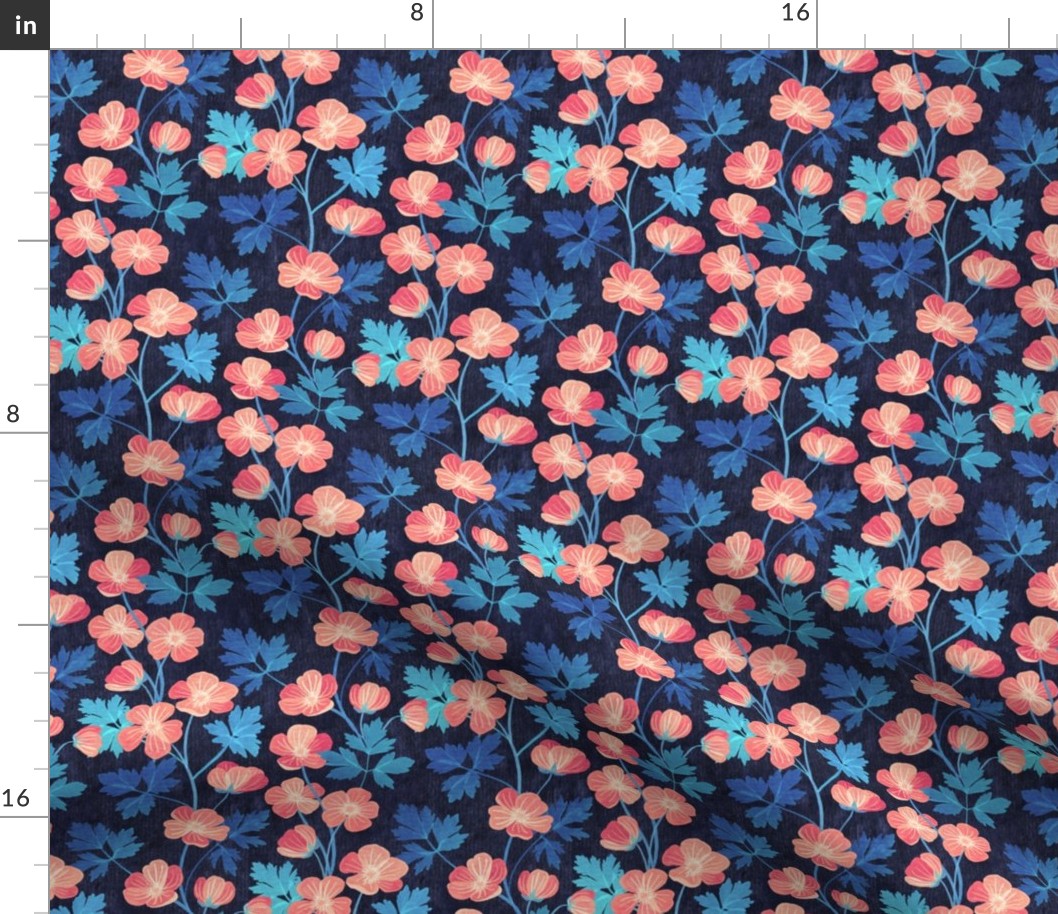 Coral Pink and Blue Floral on Dark Textured Background - medium