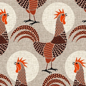 Country Cockerels on French Linen