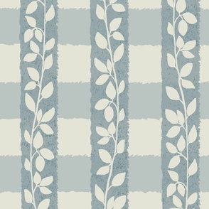 French Country Vineyard Gingham Vine: Traditional Botanical Vines Leaves on Dusty Blue Gingham Plaid Stripes