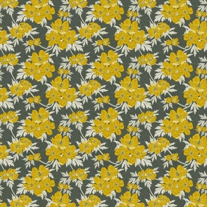 Cheerful Buttercups- Block print- Yellow Gold Dirty White on Ebony- Small Scale