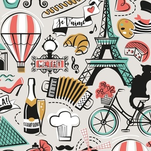 Large jumbo scale // Paris Je T'aime! // beige background black and white coral spearmint and yellow mustard France popular travel motifs monuments museums bike café champagne baguette croissant moules metro fashion perfume air balloons 