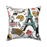 Large jumbo scale // Paris Je T'aime! // white background black and white coral spearmint and yellow mustard France popular travel motifs monuments museums bike café champagne baguette croissant moules metro fashion perfume air balloons 