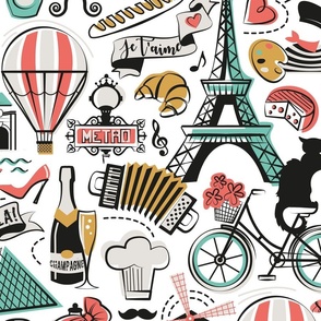 Large jumbo scale // Paris Je T'aime! // white background black and white coral spearmint and yellow mustard France popular travel motifs monuments museums bike café champagne baguette croissant moules metro fashion perfume air balloons 