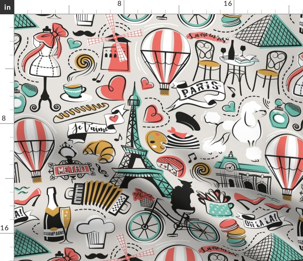 Normal scale // Paris Je T'aime! // beige background black and white coral spearmint and yellow mustard France popular travel motifs monuments museums bike café champagne baguette croissant moules metro fashion perfume air balloons 