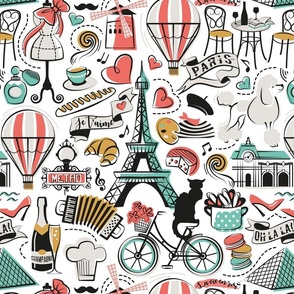 Normal scale // Paris Je T'aime! // white background black and white coral spearmint and yellow mustard France popular travel motifs monuments museums bike café champagne baguette croissant moules metro fashion perfume air balloons 