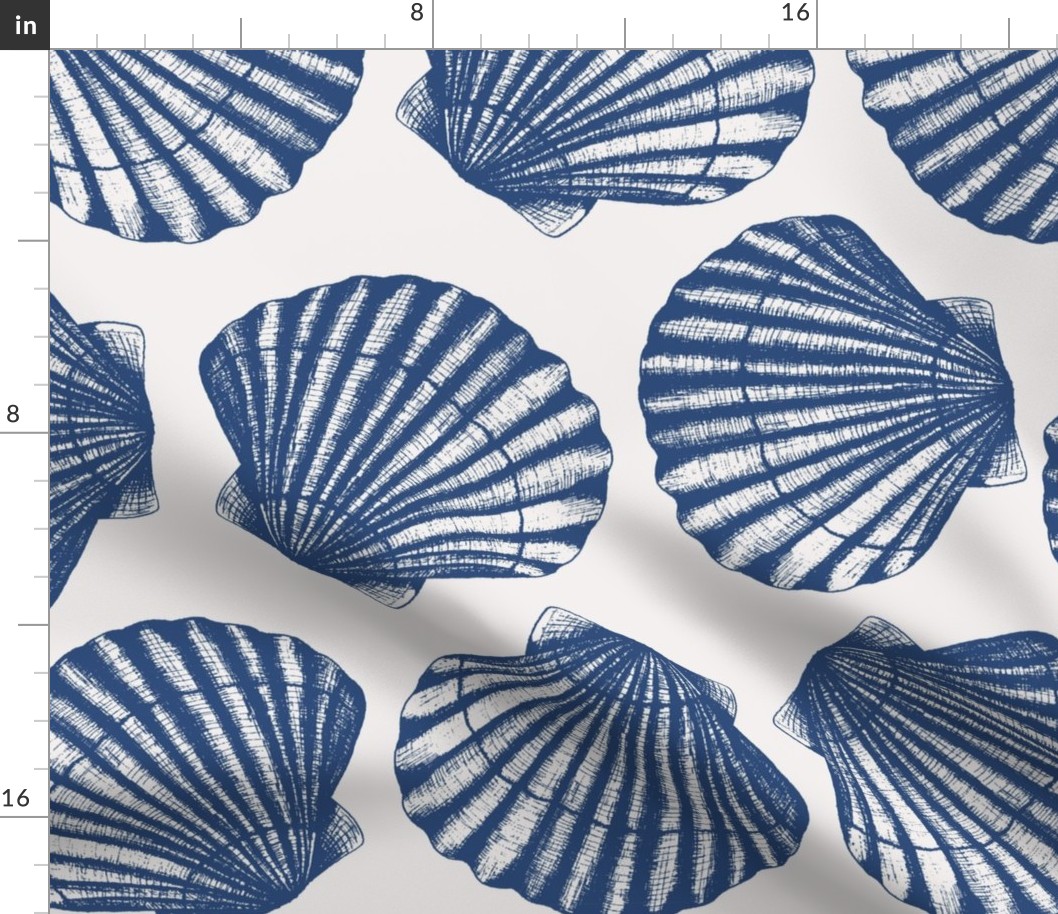 Sea shells white and blue coastal toile - large scale