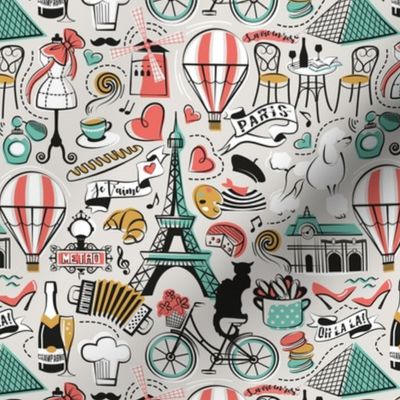 Small scale // Paris Je T'aime! // beige background black and white coral spearmint and yellow mustard France popular travel motifs monuments museums bike café champagne baguette croissant moules metro fashion perfume air balloons 