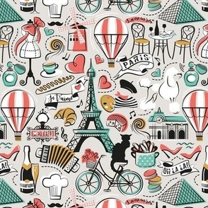 Small scale // Paris Je T'aime! // beige background black and white coral spearmint and yellow mustard France popular travel motifs monuments museums bike café champagne baguette croissant moules metro fashion perfume air balloons 