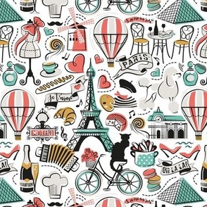 Small scale // Paris Je T'aime! // white background black and white coral spearmint and yellow mustard France popular travel motifs monuments museums bike café champagne baguette croissant moules metro fashion perfume air balloons 