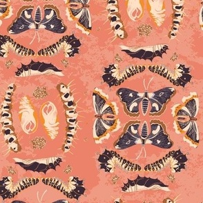 Moths, butterflies, caterpillars, and bugs - Gold and Black on Textured Coral Pink with orange