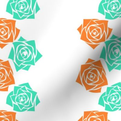 M Colorful Roses – Mint Green Rose and Orange Rose on White - Classic Vertical Stripes - Ticking stripes - Mid Century Modern inspired (MOD) - Vintage – Minimal Flowers - Geometric Floral