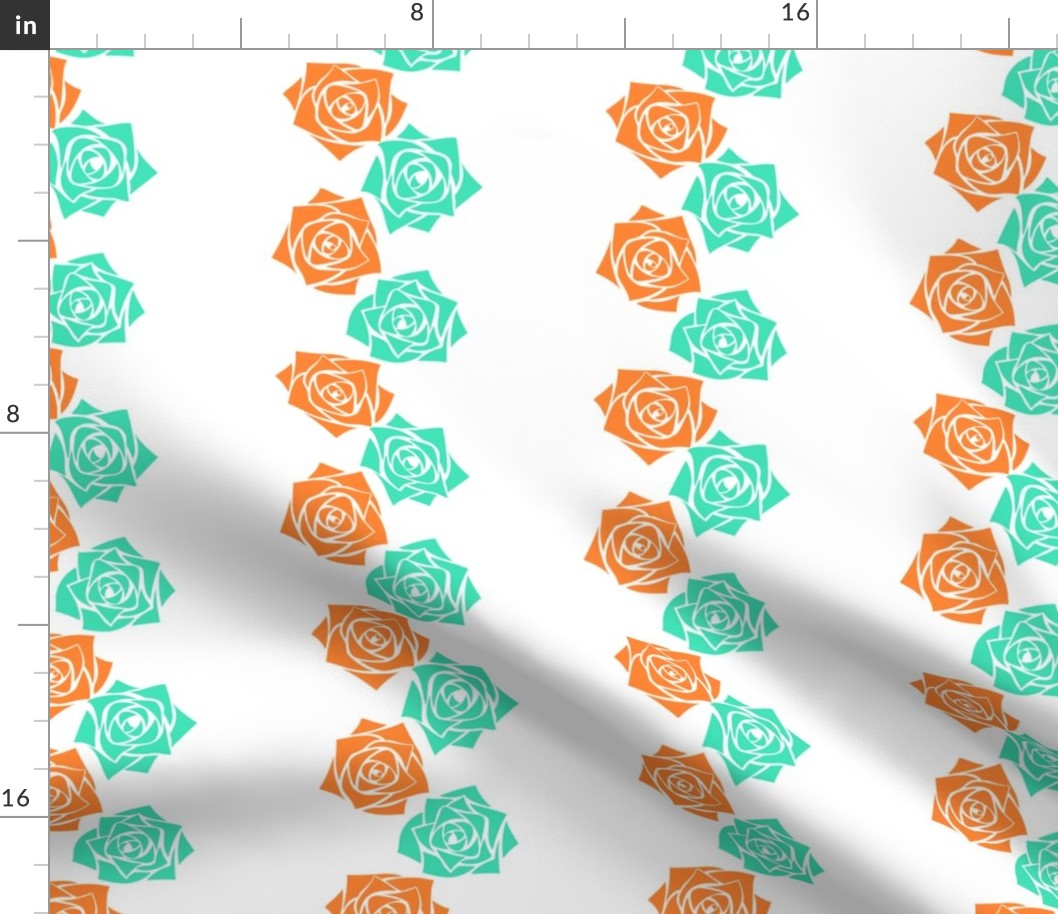 M Colorful Roses – Mint Green Rose and Orange Rose on White - Classic Vertical Stripes - Ticking stripes - Mid Century Modern inspired (MOD) - Vintage – Minimal Flowers - Geometric Floral