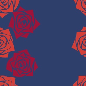 XL Moody Roses – Oange Rose and Burgundy Red Rose on Navy Blue (Dark Blue, Deep Blue, Indigo Blue) - Classic Vertical Stripes - Ticking stripes - Mid Century Modern inspired (MOD) - Vintage – Minimal Floral - Geometric Florals