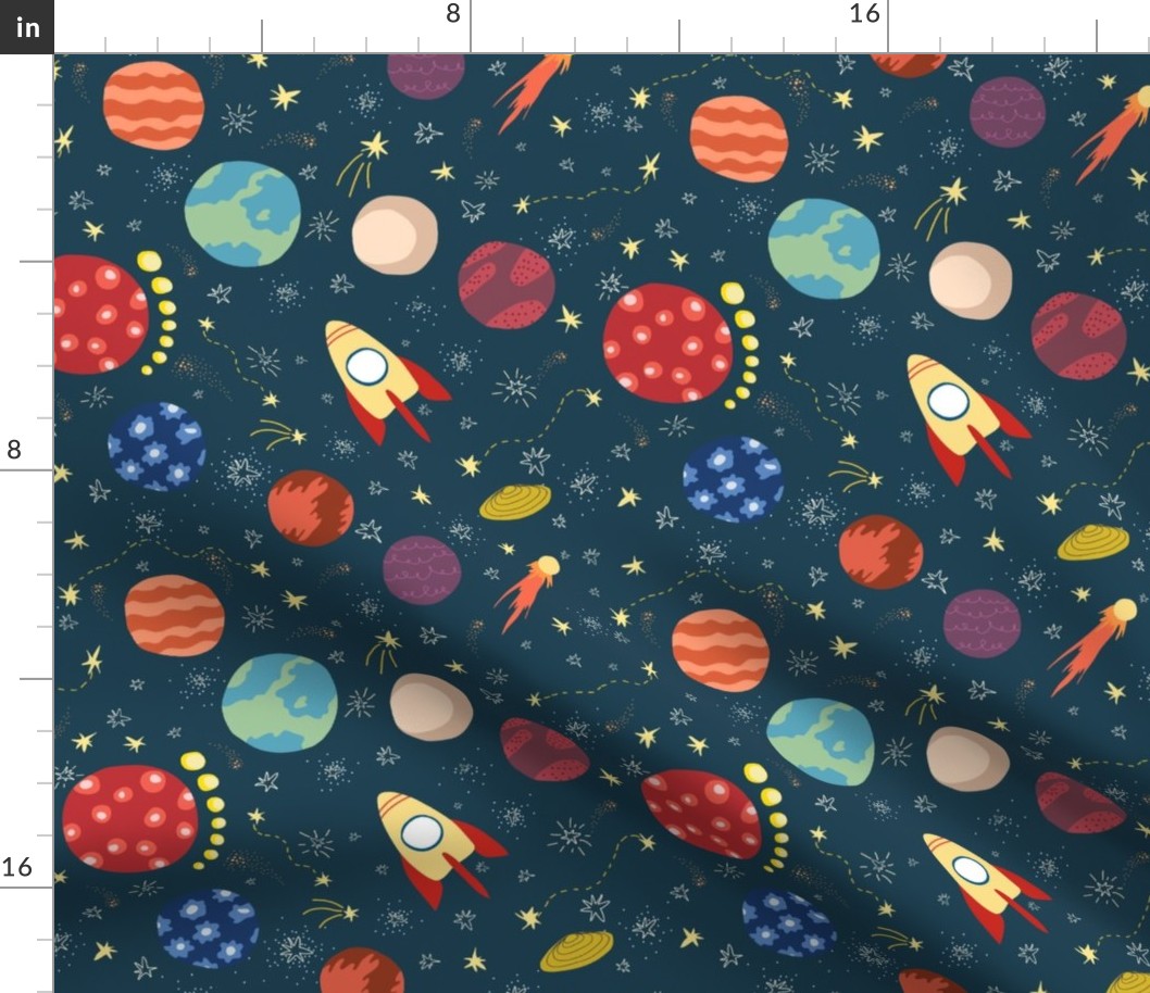 Seamless outer space galaxy and star ships pattern 