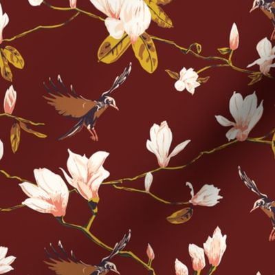 Crows in Magnolia blossoms and branches - White and Pink flowers on Mahogany Brown