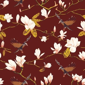 Crows in Magnolia blossoms and branches - White and Pink flowers on Mahogany Brown