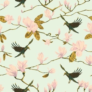 Crows in Magnolia blossoms and branches - White and Pink flowers on Light Celedon Green