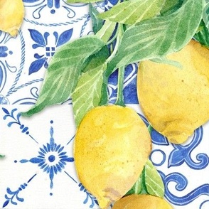 24" Country French Lemon Blue n White Tile, by Audrey Jeanne