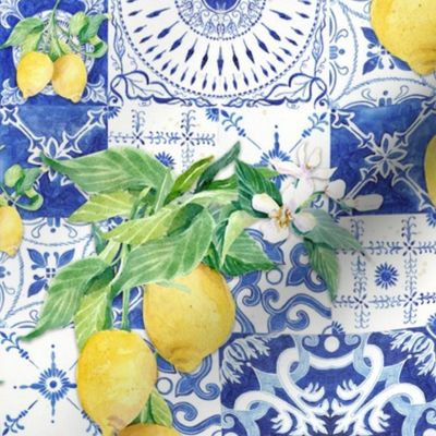 12" Country French Lemon, Blue n White Tile, by Audrey Jeanne