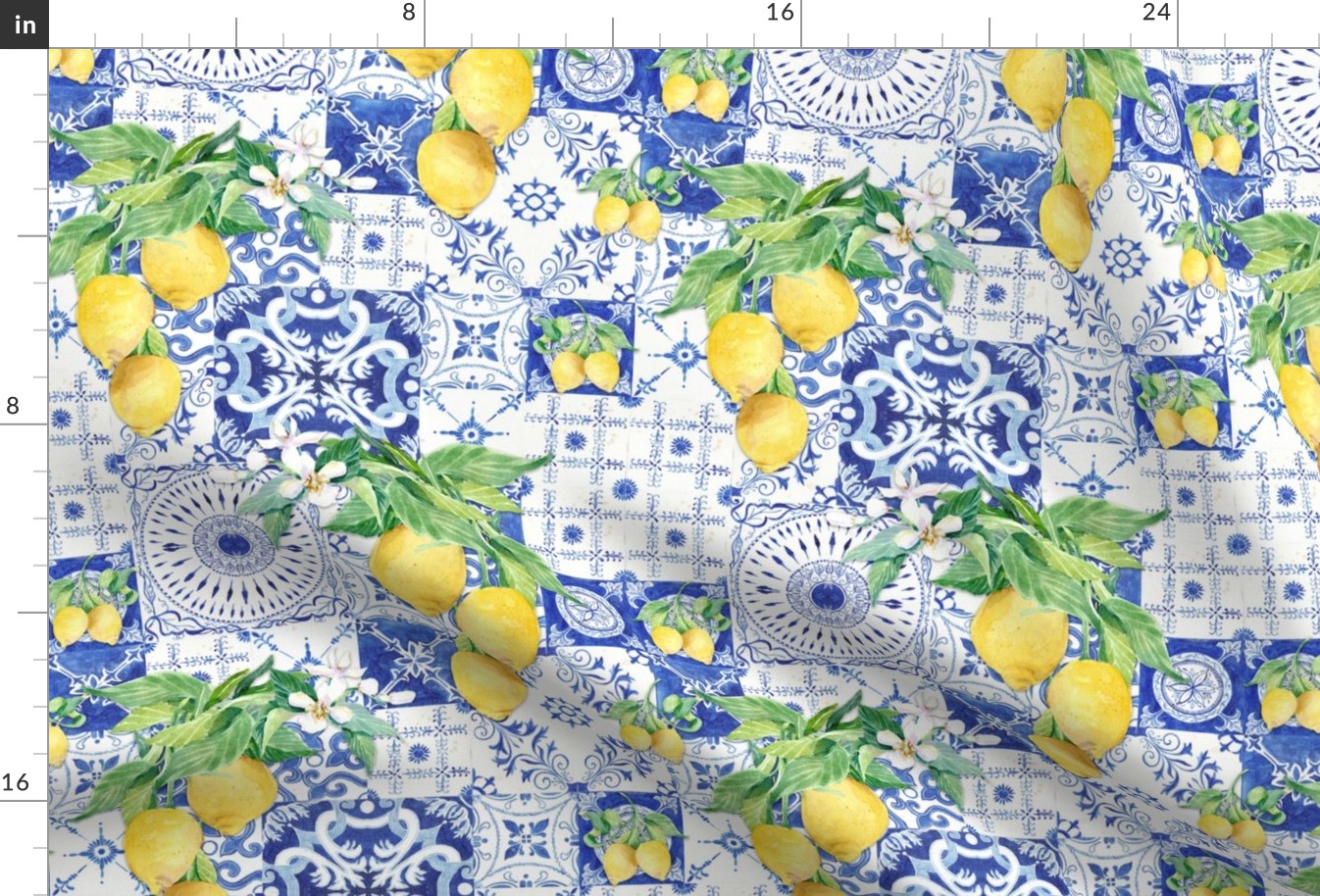 12" Country French Lemon, Blue n White Tile, by Audrey Jeanne