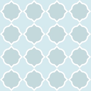 Geometric Modern French Country Quatrefoil in shades of light teal, blue and white.