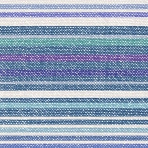 Chambray Cotton Seascape (large scale)| Cote d'Azur beach blues and aqua on natural cotton, chambray stripe, warp and weft weave pattern, Provence, France, boho stripe.