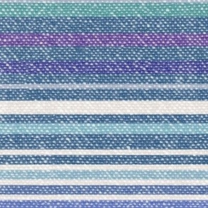 Chambray Cotton Seascape (xl scale)| Cote d'Azur beach blues and aqua on natural cotton, chambray stripe, warp and weft weave pattern, Provence, France, boho stripe.
