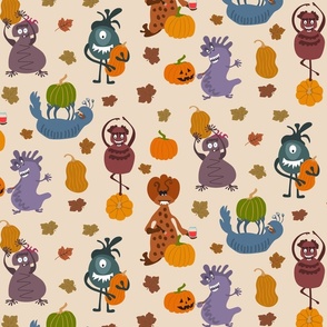 Monsters Pumpkin Party-Monsters and Pumpkins Mash Design, funny cute fun monsters and pumpkins autumn fall Halloween Thanksgiving seasonal repeat design for kids and adults