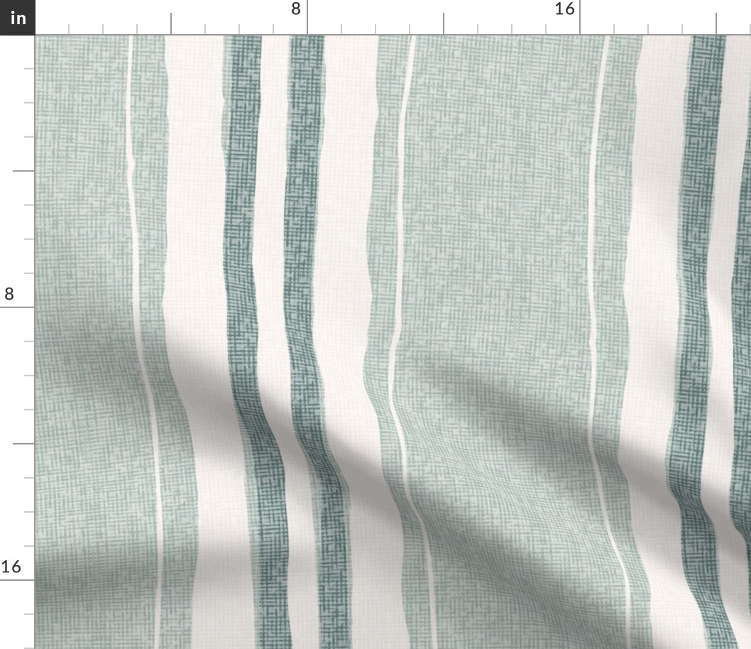 hand painted vintage linen ticking stripe jumbo wallpaper scale in celadon sage by Pippa Shaw