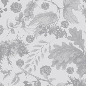Seamless vintage cottage core plants and leaves pattern (grey)