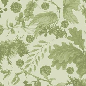 Seamless vintage cottage core plants and leaves pattern (green)