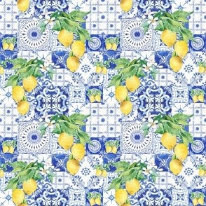 4" Country French Lemon Blue n White Tile, by Audrey Jeanne