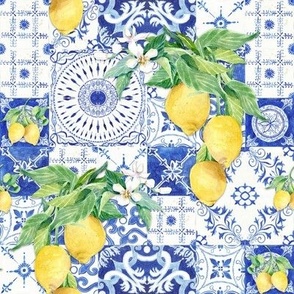 8" Country French Lemon Blue n White Tile, by Audrey Jeanne