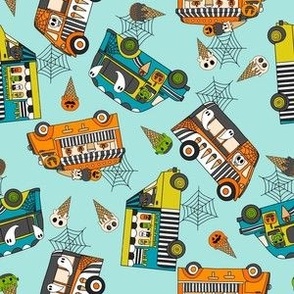 SMALL Halloween Ice Cream Van fabric - spooky cute design boys blue 6in